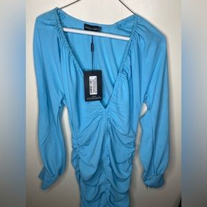 Aqua Blue Woven Ruched Plunge Long Sleeve Bodycon Dress